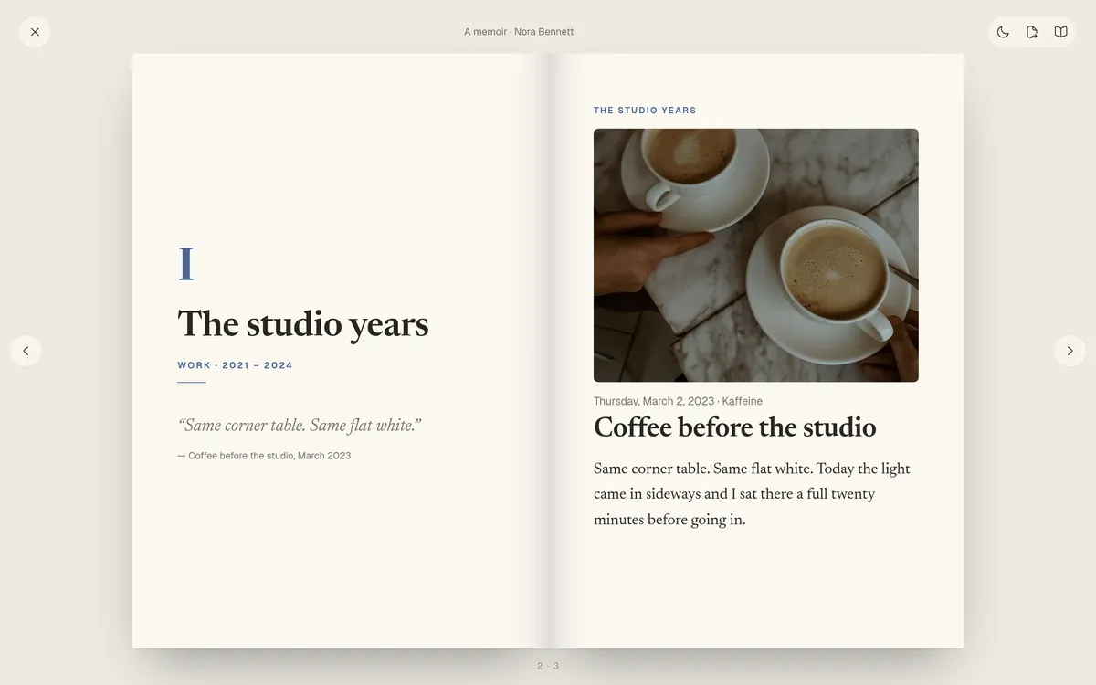 A two-page spread of the book Memoir makes: the chapter The studio years, and the memory Coffee before the studio