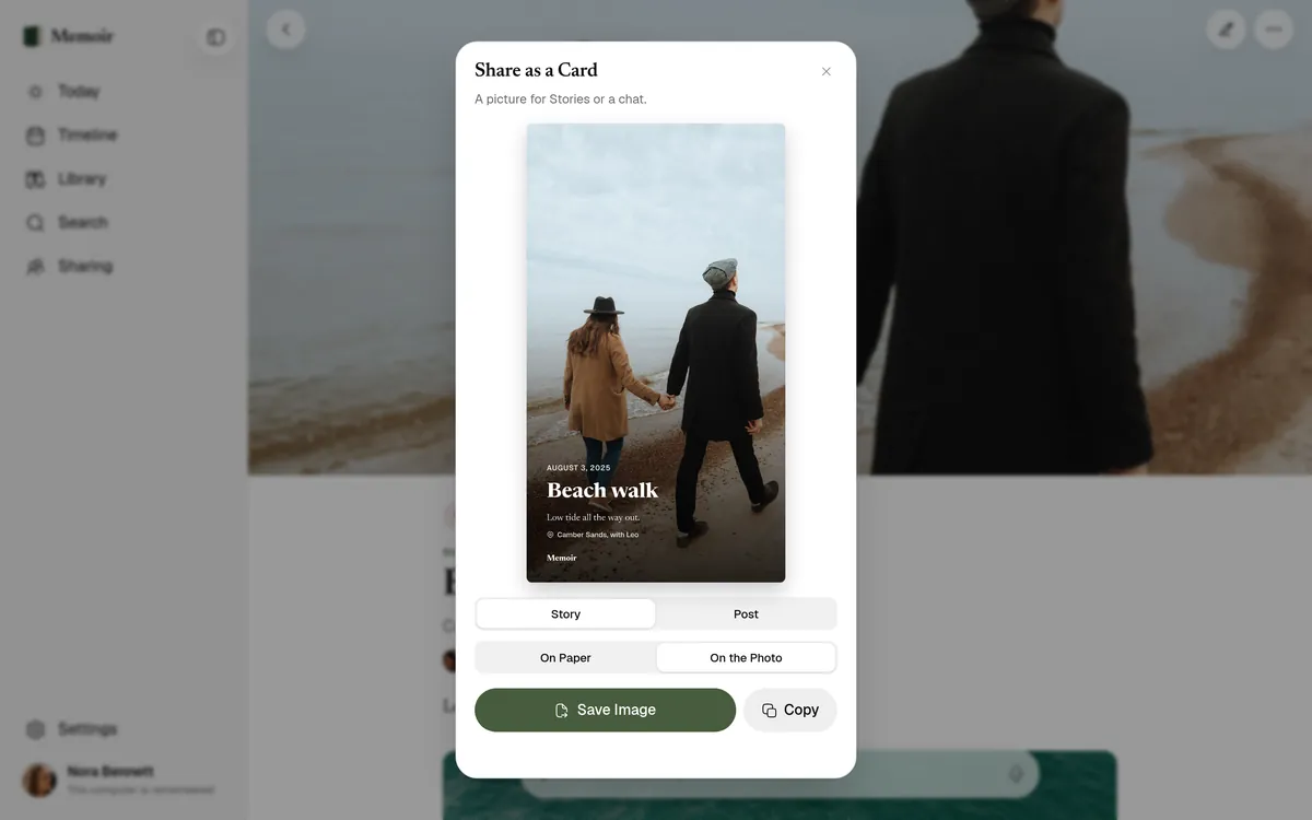 Share as a Card in Memoir: Beach walk as a Story card, with Save Image and Copy