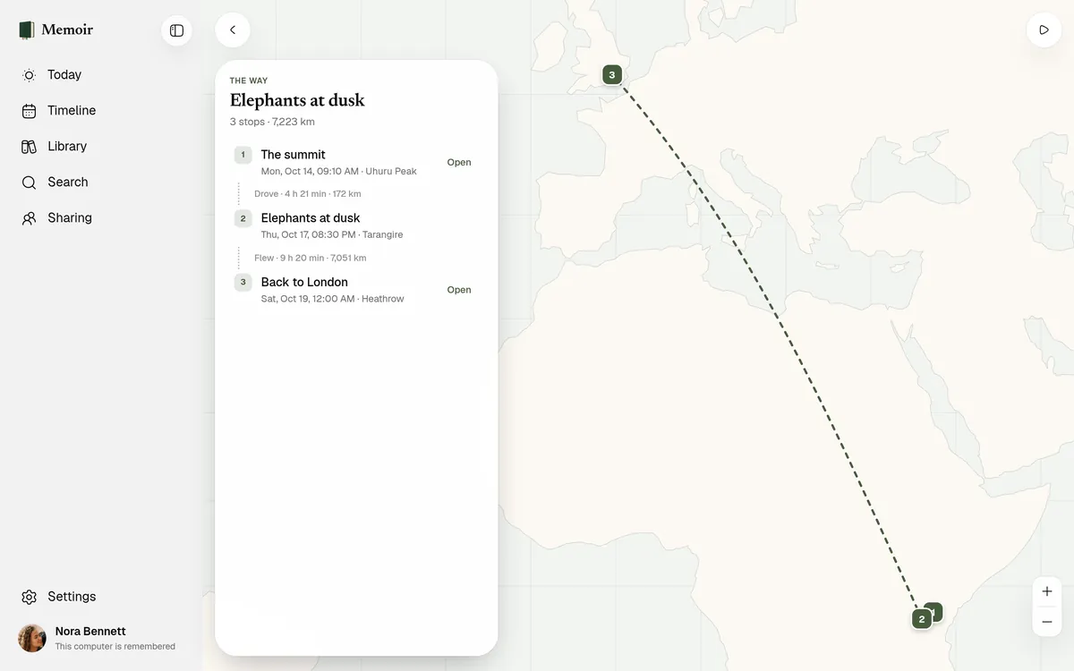 A journey in Memoir: the summit, elephants at dusk and back to London, drawn on a map