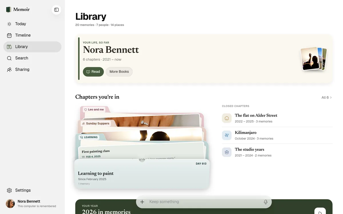 Memoir's Library: your life so far, and chapter folders for Leo and me, Sunday Suppers and Learning to paint