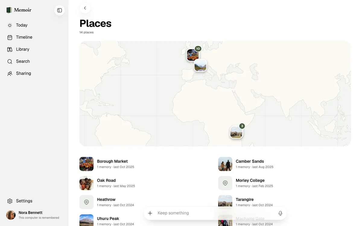 Memoir's Places: a world map with photos where memories were kept, and the list of places