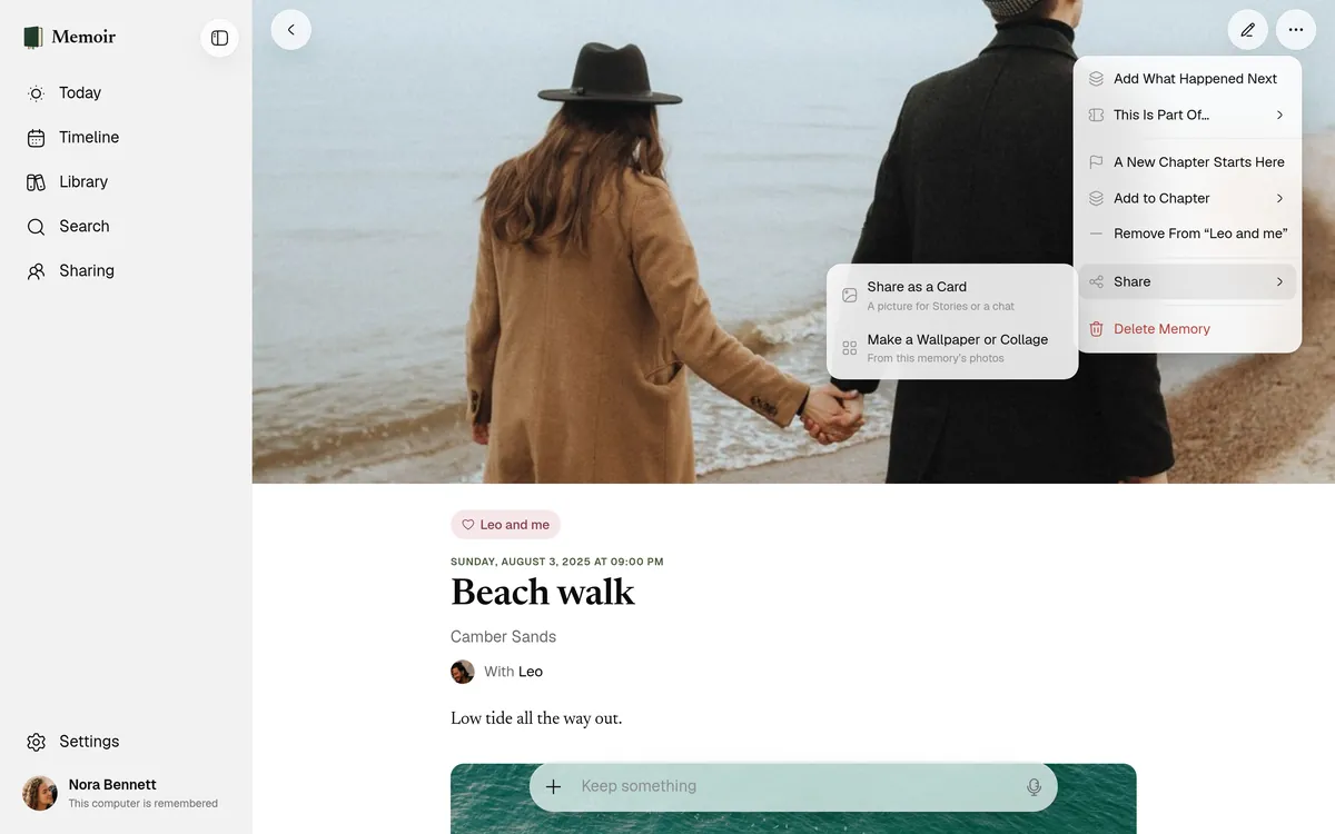 A memory in Memoir on the web, Beach walk, with its Share menu open: Share as a Card, and Make a Wallpaper or Collage