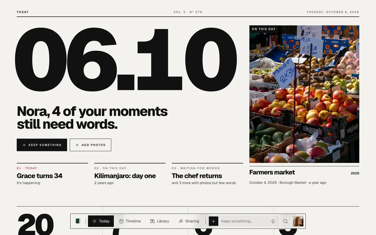 The Editorial style: Today, with the date in large type and the day’s memories