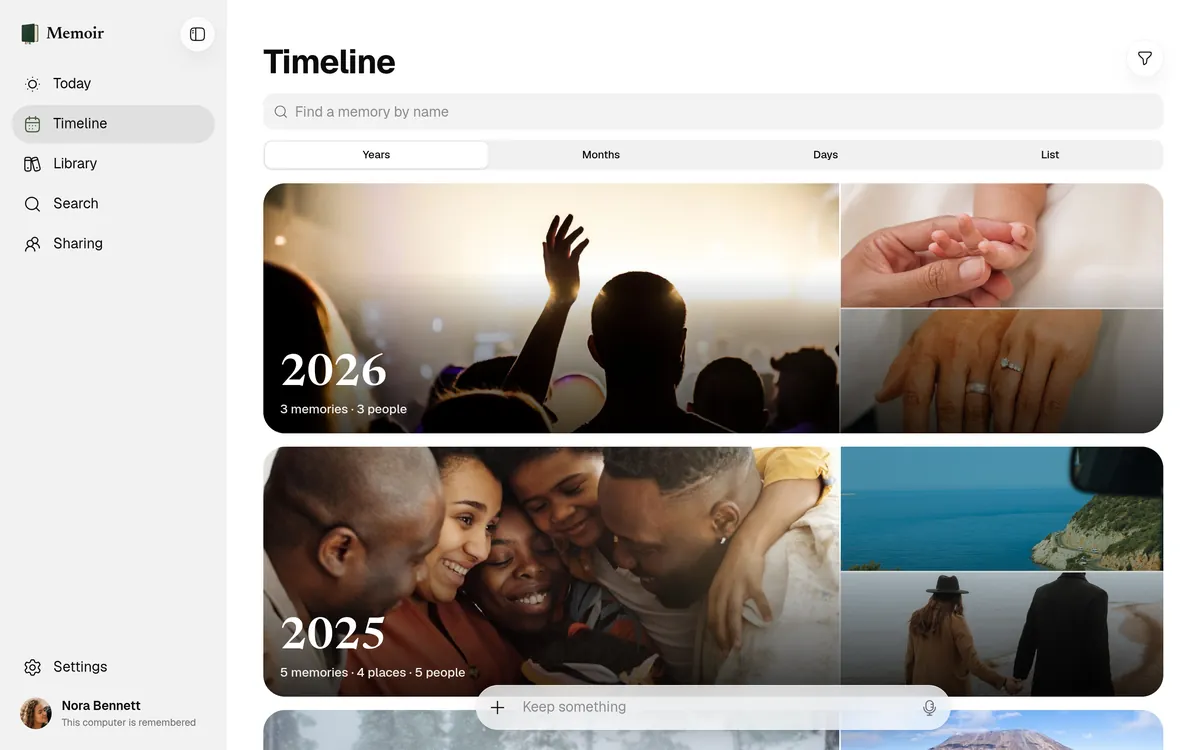 Memoir's Timeline in years: 2026 and 2025, each with its photos and people