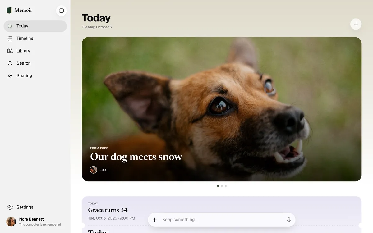 Memoir's Today page in a browser: a memory from 2022 comes back, and a birthday today