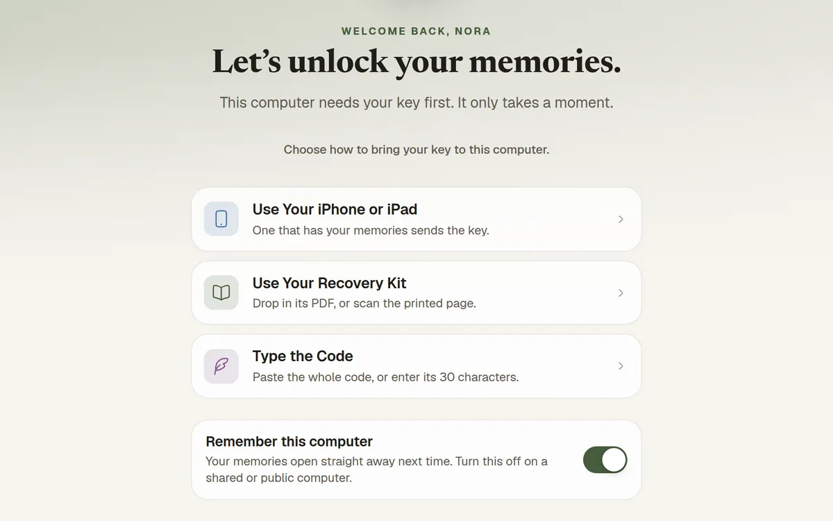 Unlocking Memoir on a new computer: use your iPhone or iPad, use your recovery kit, or type the code