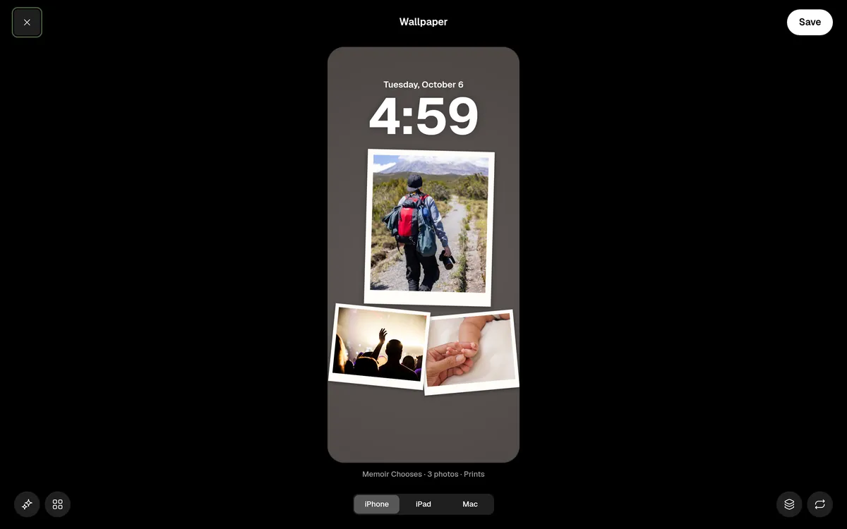 Making a wallpaper in Memoir: three photos as prints on an iPhone lock screen